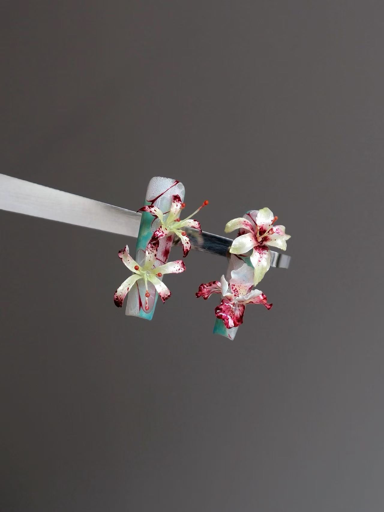 Blood Stain Lily Cobweb Long Coffin Press On Nails - handmade custom press-on nails detail gallery photo