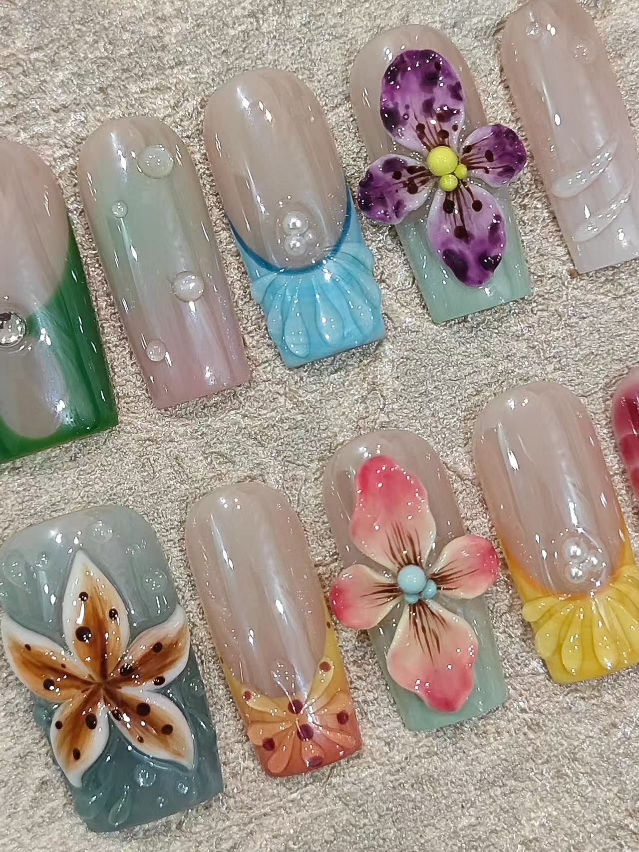 3D Hand Painted Floral Spring Water Drop Square Press On Nails - handmade custom press-on nails detail gallery photo