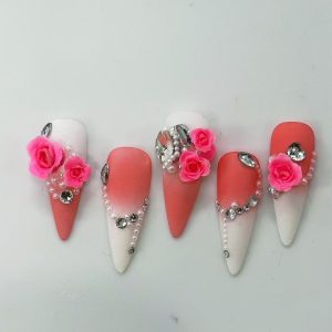 Pink Gradient 3D Rose Rhinestone Pearl Long Stiletto Press On Nails - handmade custom press-on nails main product photo