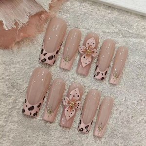 Nude Tea Leopard French 3D Flower Long Square Nails - handmade custom press-on nails main product photo