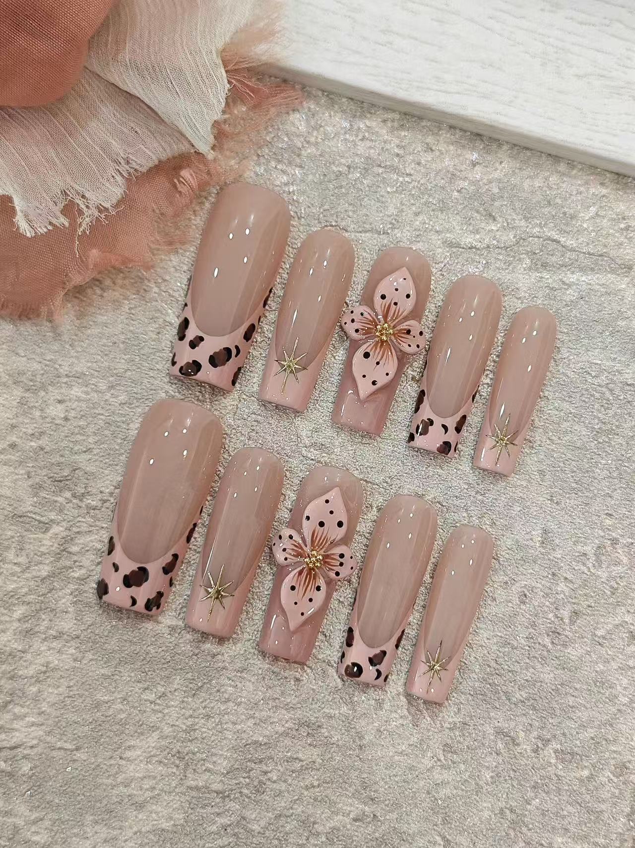 Nude Tea Leopard French 3D Flower Long Square Nails - handmade custom press-on nails main product photo