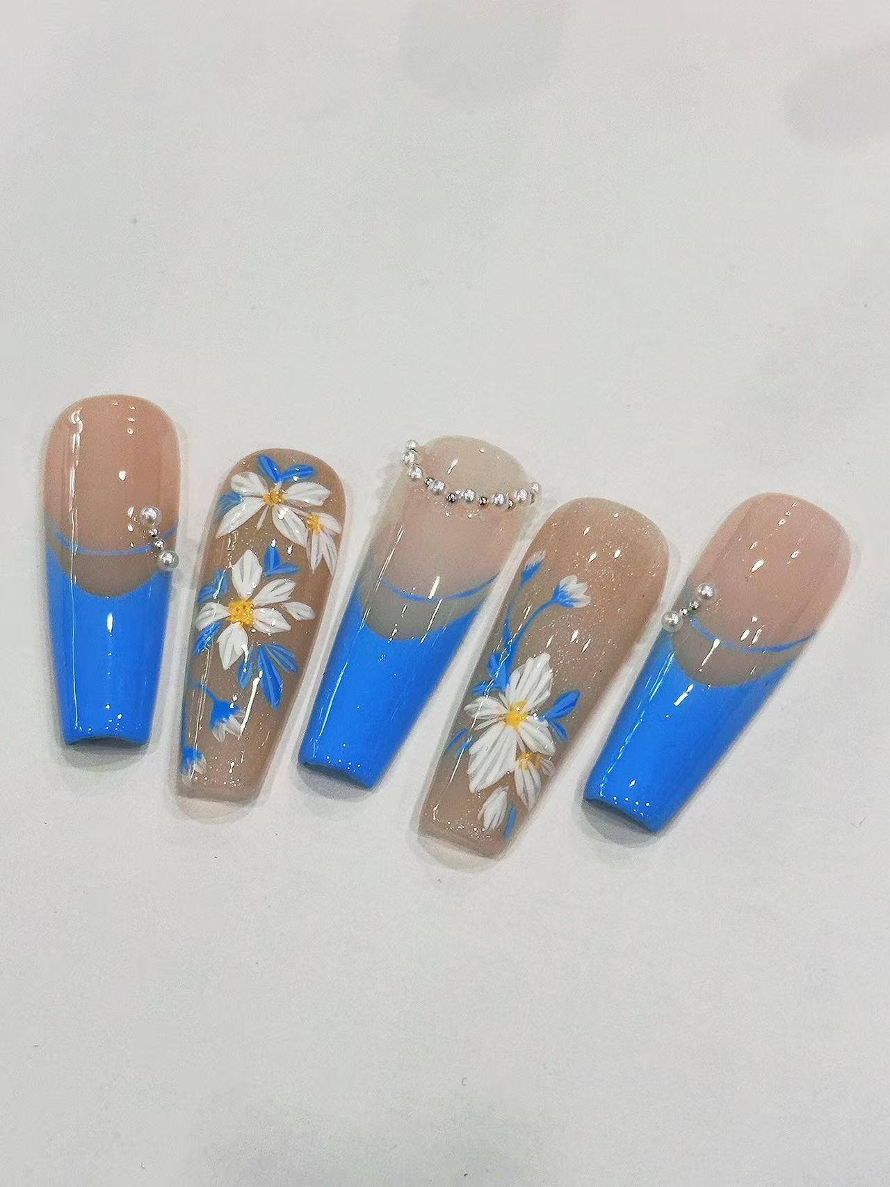 Blue French Daisy Pearl Long Coffin Press On Nails - handmade custom press-on nails detail gallery photo