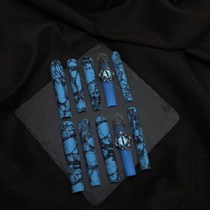 Blue Crack Mesh Evil Eye Long Coffin Press On Nails - handmade custom press-on nails main product photo