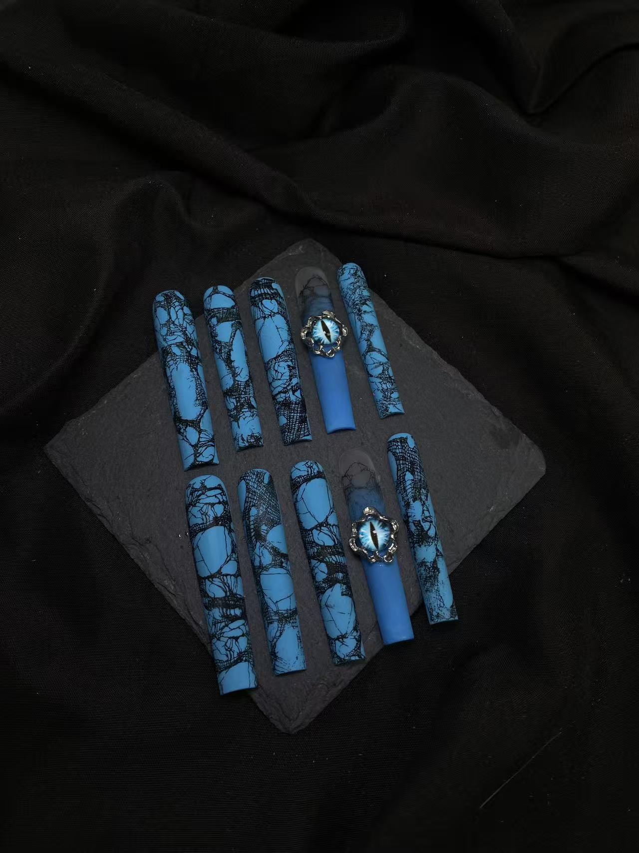 Blue Crack Mesh Evil Eye Long Coffin Press On Nails - handmade custom press-on nails main product photo