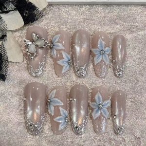 Nude Shimmer 3D Blue Flower Silver Lace Almond Press On Nails - handmade custom press-on nails main product photo