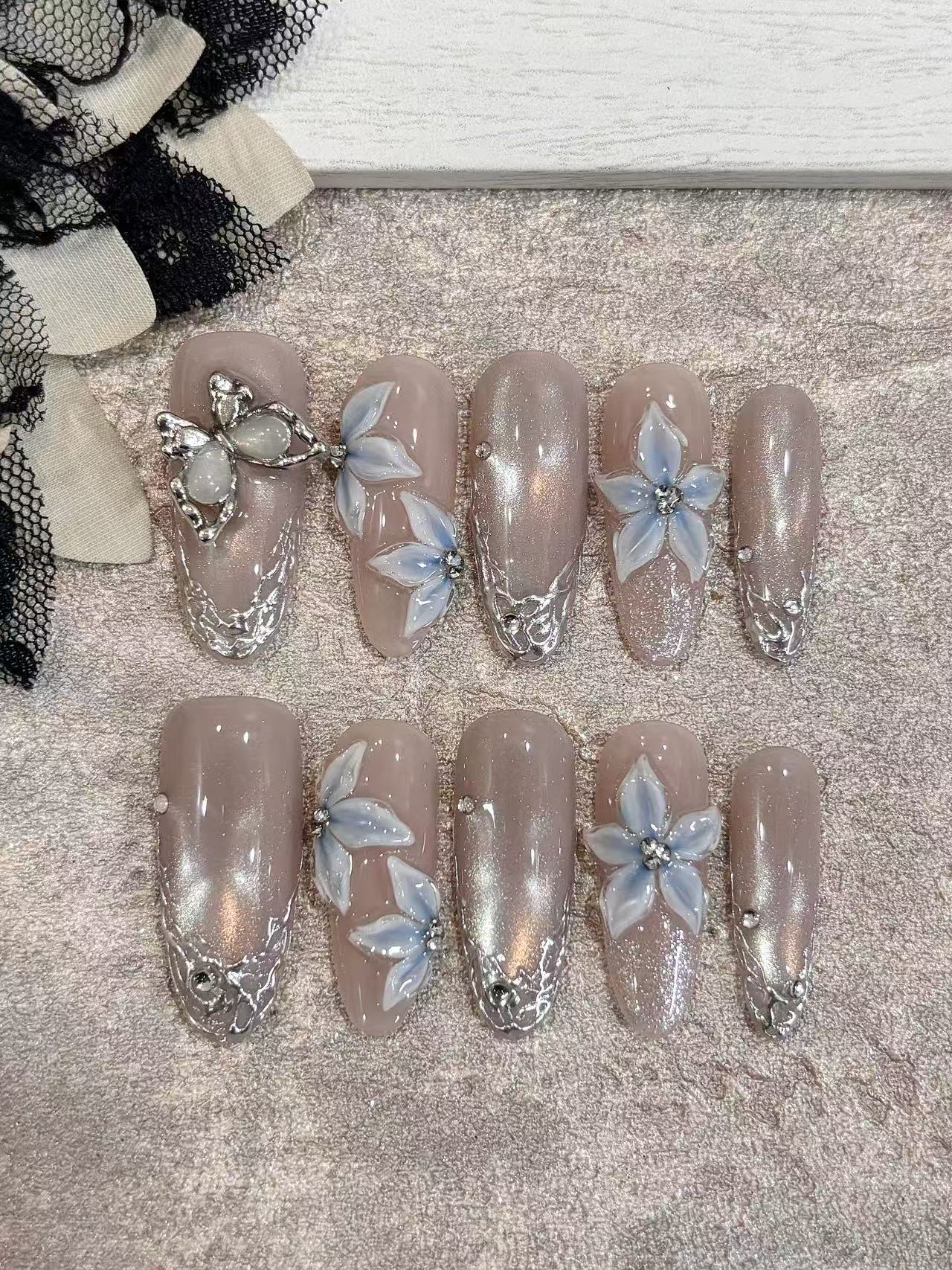 Nude Shimmer 3D Blue Flower Silver Lace Almond Press On Nails - handmade custom press-on nails main product photo