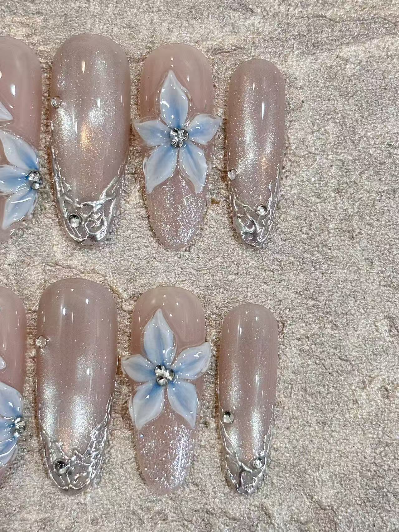 Nude Shimmer 3D Blue Flower Silver Lace Almond Press On Nails - handmade custom press-on nails detail gallery photo