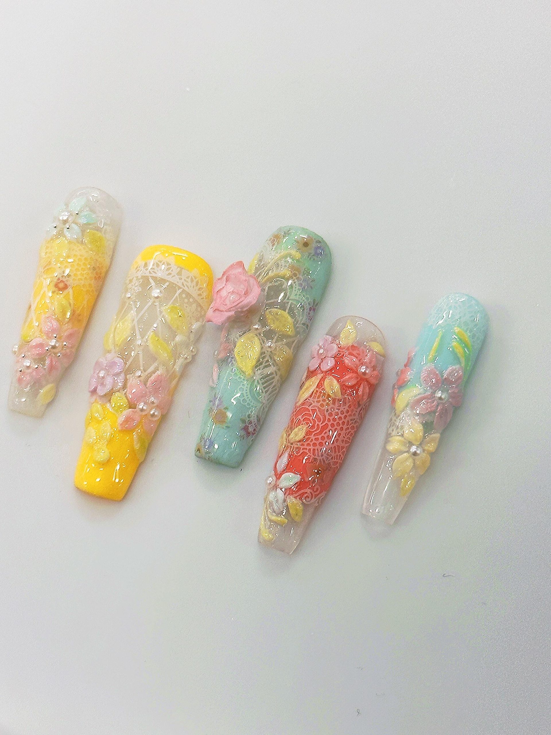 Pastel 3D Rose Lace Long Coffin Press On Nails - handmade custom press-on nails detail gallery photo
