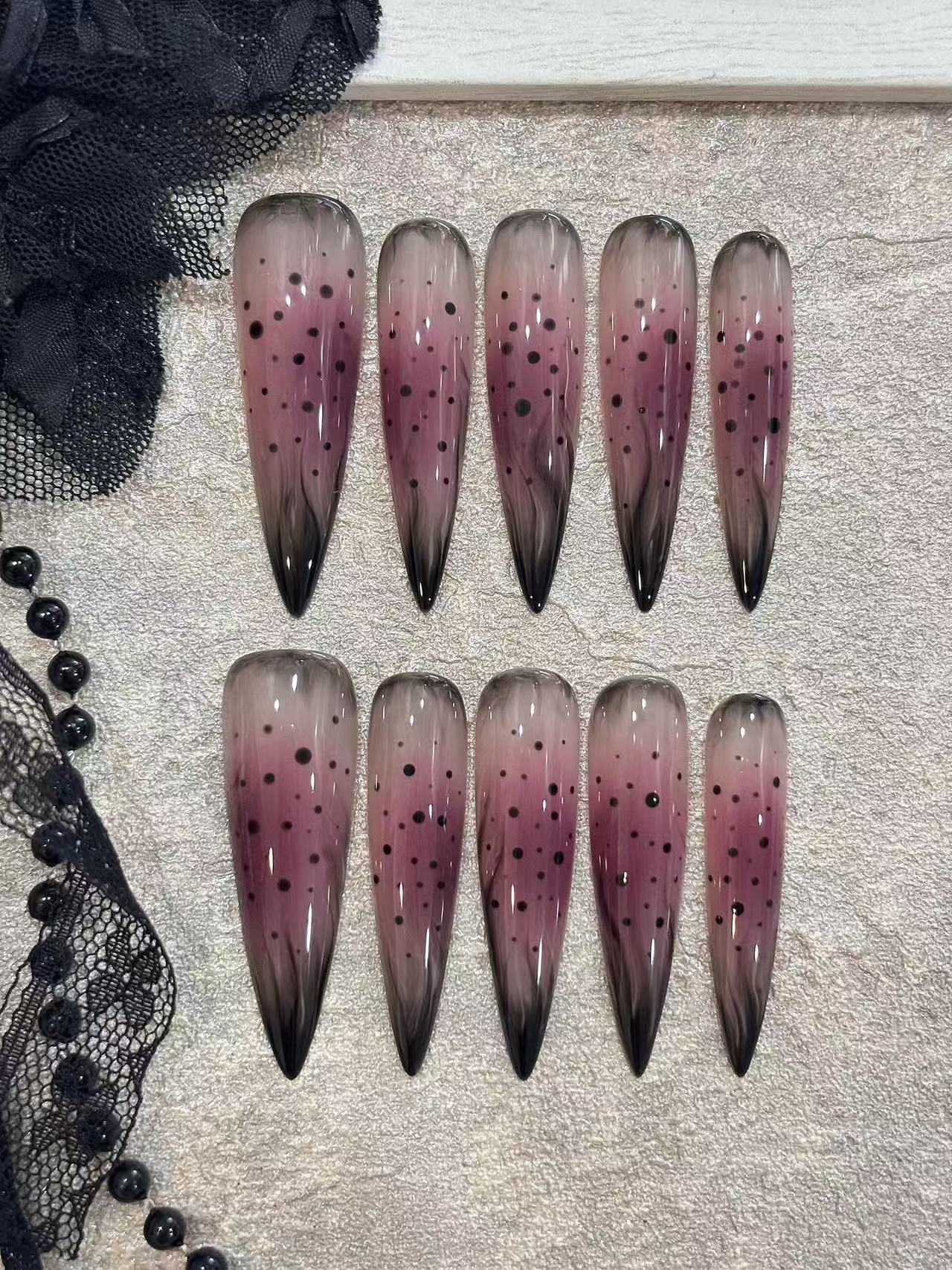 Pink Black Smoke Gradient Dot Stiletto Press On Nails - handmade custom press-on nails main product photo