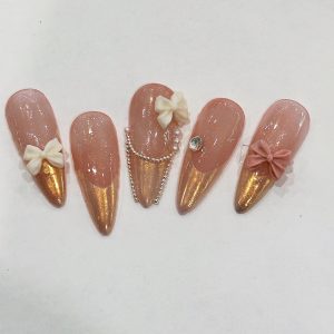 Pink Gold French Bow Pearl Long Almond Press On Nails - handmade custom press-on nails main product photo