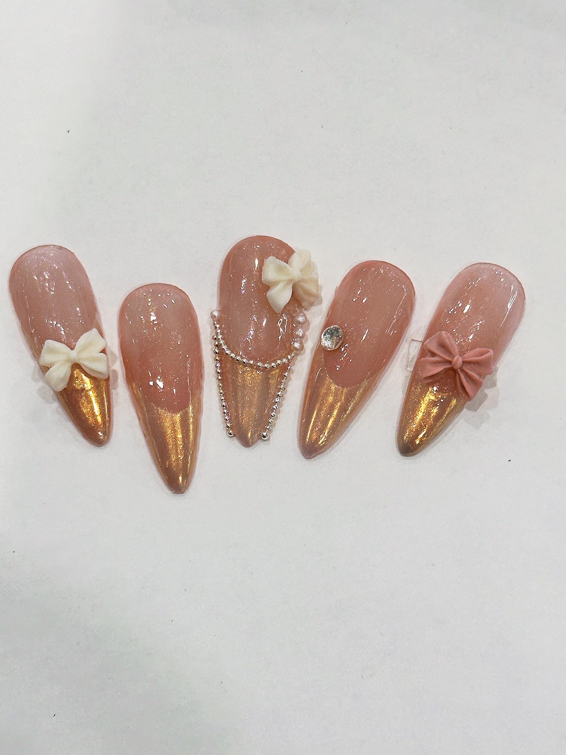 Pink Gold French Bow Pearl Long Almond Press On Nails - handmade custom press-on nails main product photo