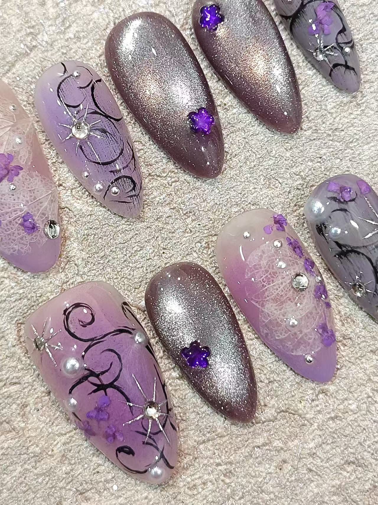 Purple Cat Eye Lace Floral Almond Press On Nails - handmade custom press-on nails detail gallery photo