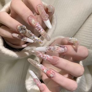 Garden of Eden Heavy-Duty Rose Long Stiletto Nails - handmade custom press-on nails main product photo