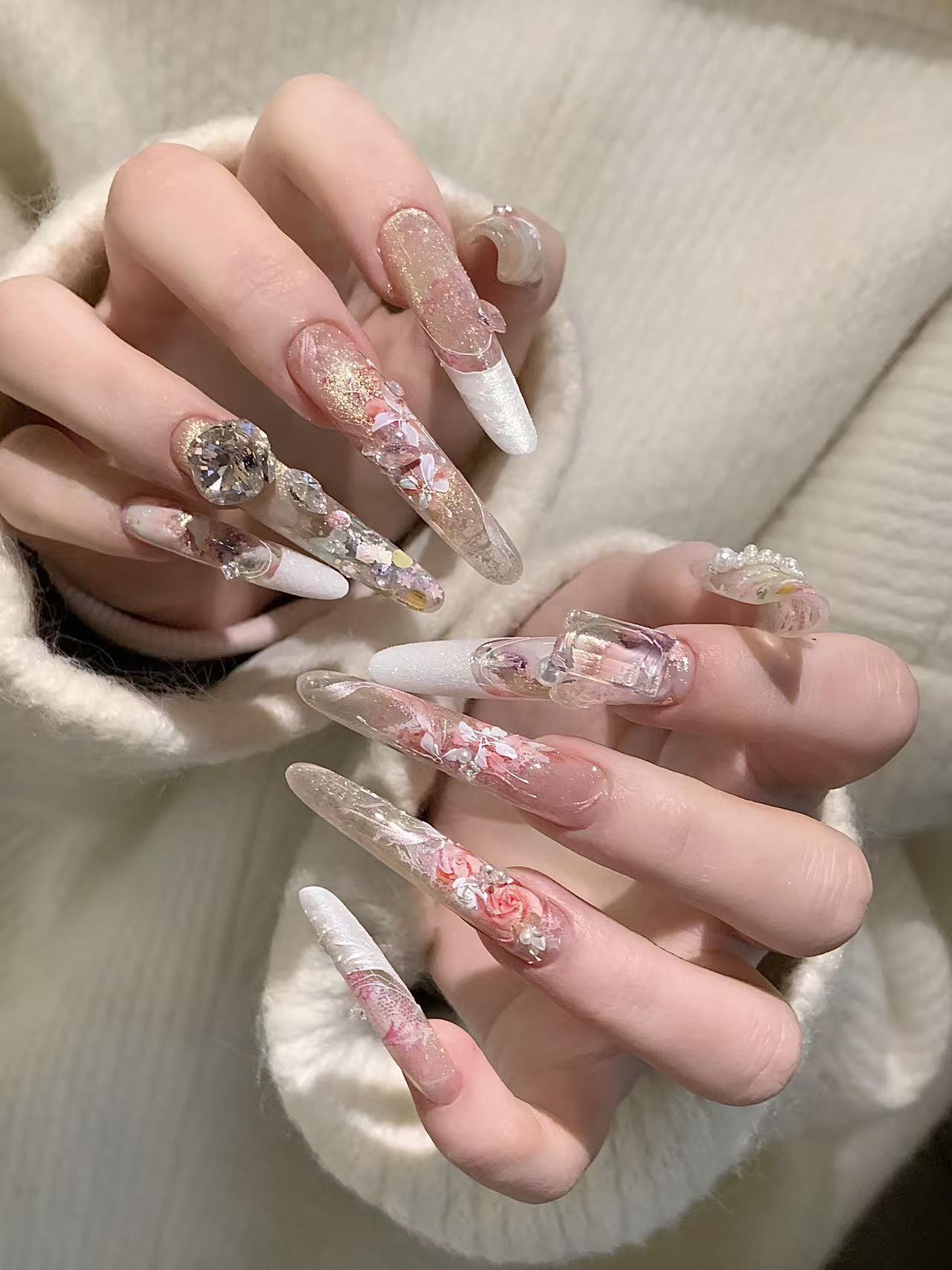 Garden of Eden Heavy-Duty Rose Long Stiletto Nails - handmade custom press-on nails main product photo