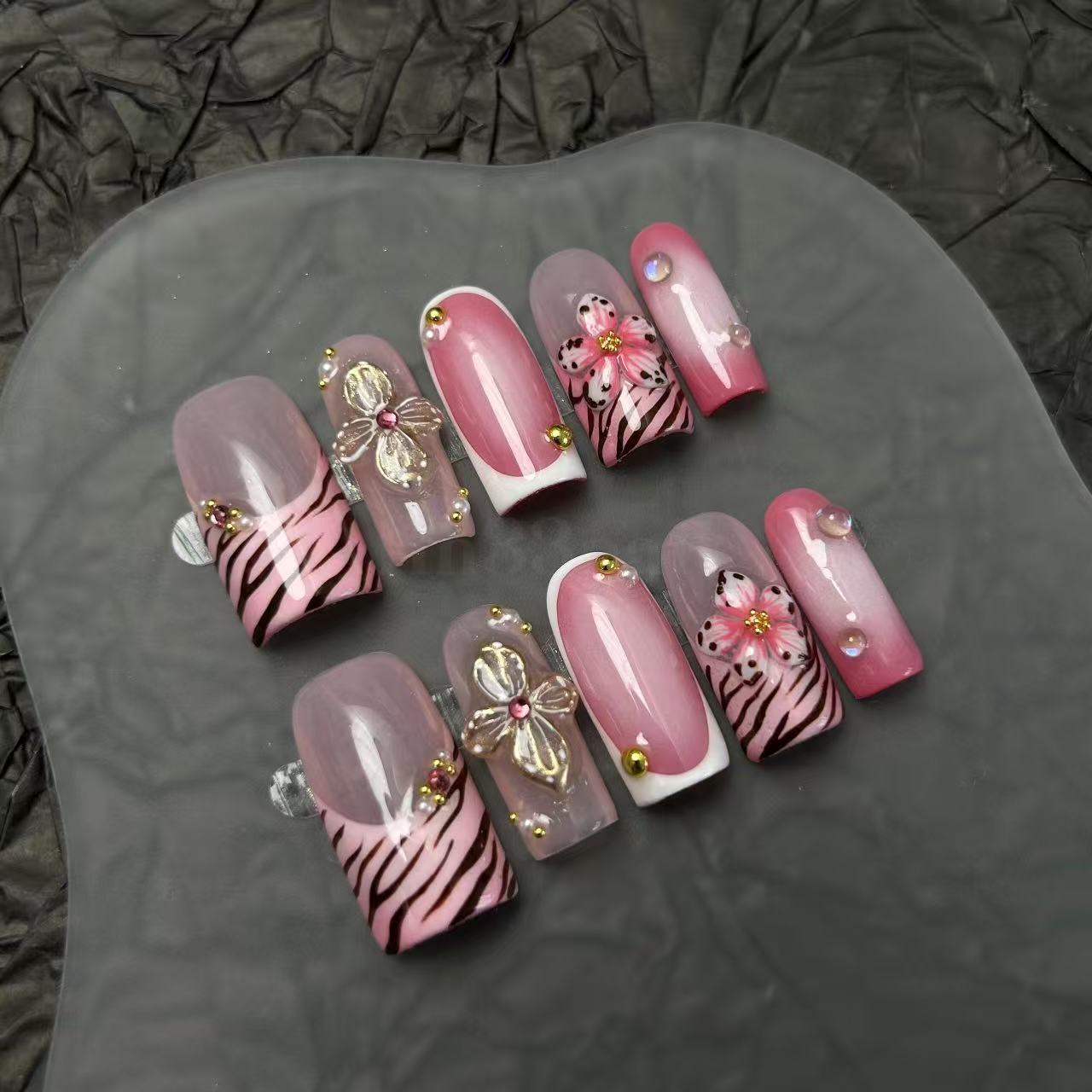 Pink Zebra‑Print 3D Flower Press‑on Nails - Image 2