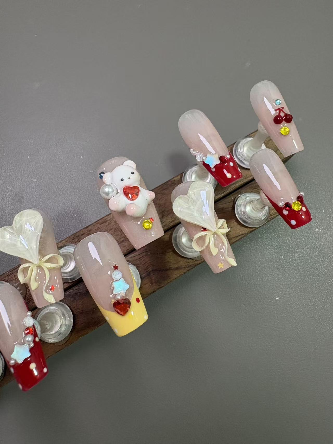 Cute Cartoon Bear Cherry French Medium Coffin Press On Nails - handmade custom press-on nails detail gallery photo