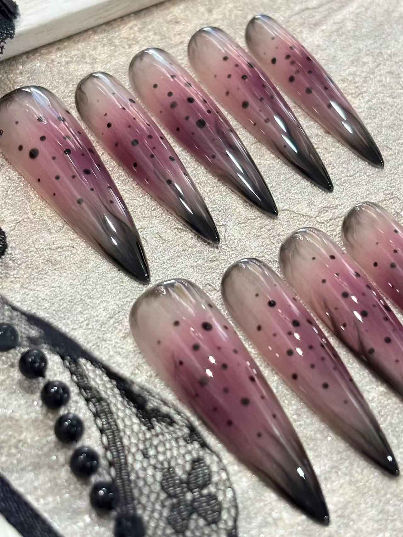 Pink Black Smoke Gradient Dot Stiletto Press On Nails - handmade custom press-on nails detail gallery photo
