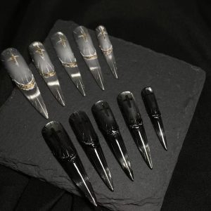 Light and Dark Contrast Cross Aurora Long Stiletto Press On Nails