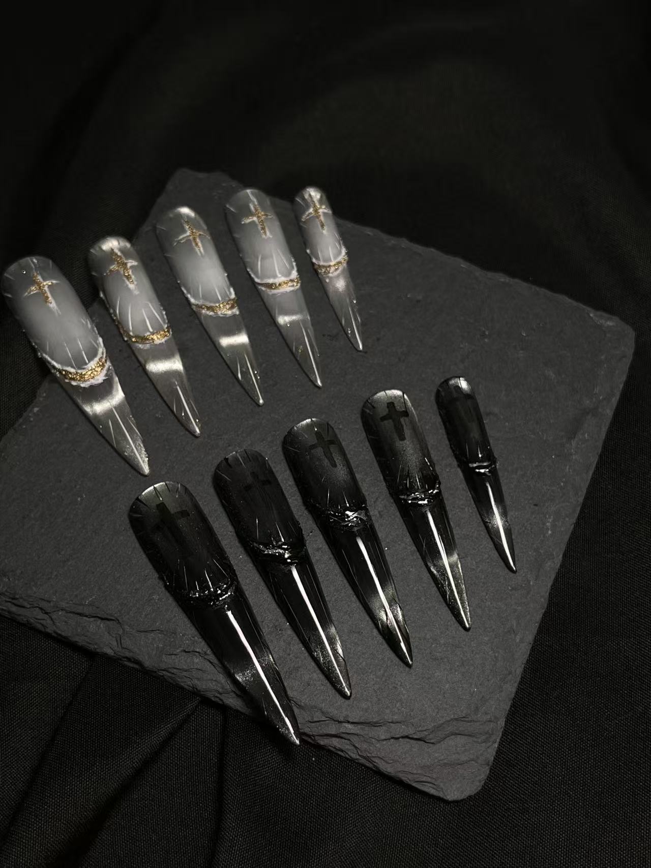 Light and Dark Contrast Cross Aurora Long Stiletto Press On Nails