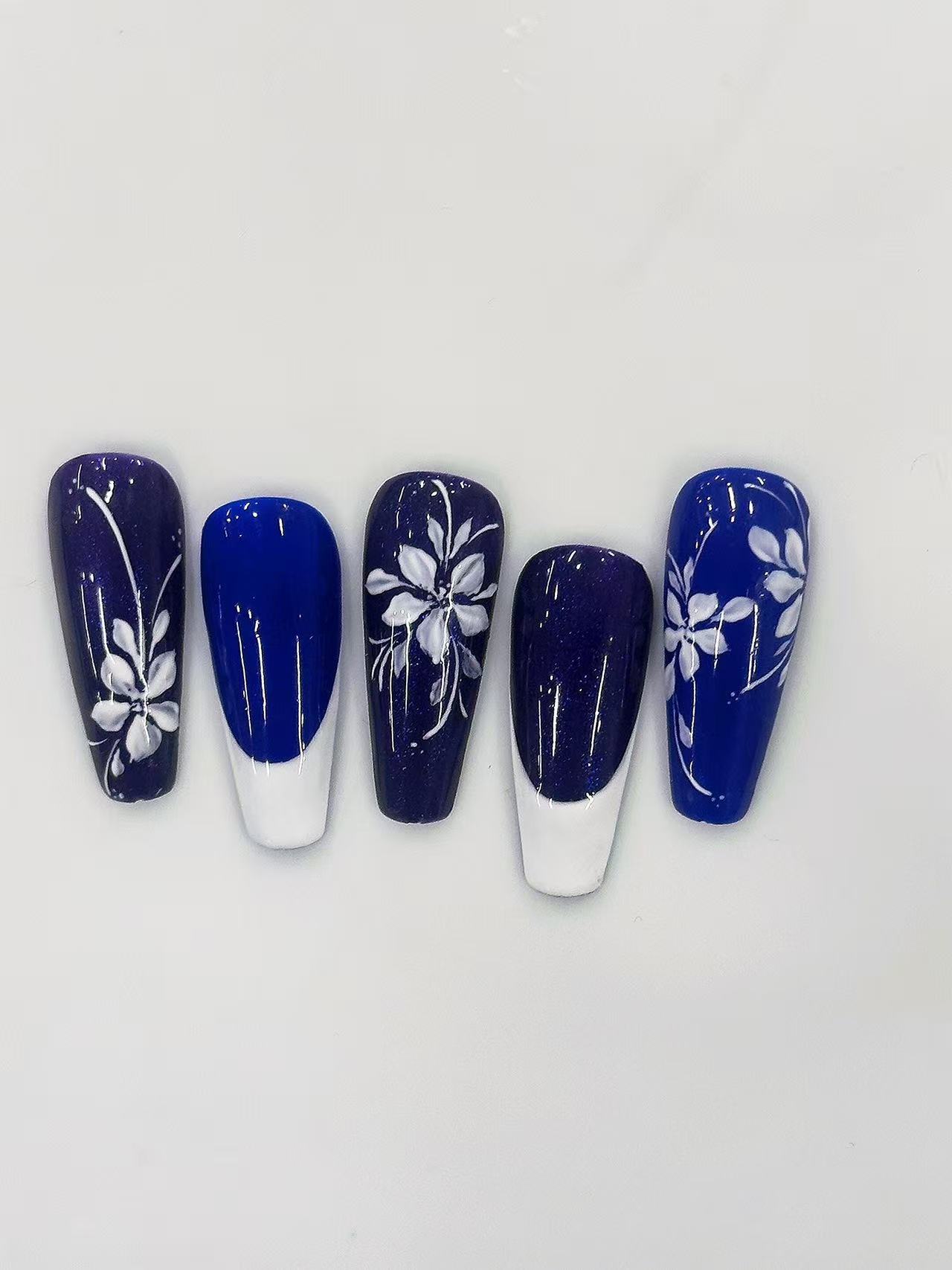 Blue Purple White Floral French Long Coffin Press On Nails - handmade custom press-on nails detail gallery photo