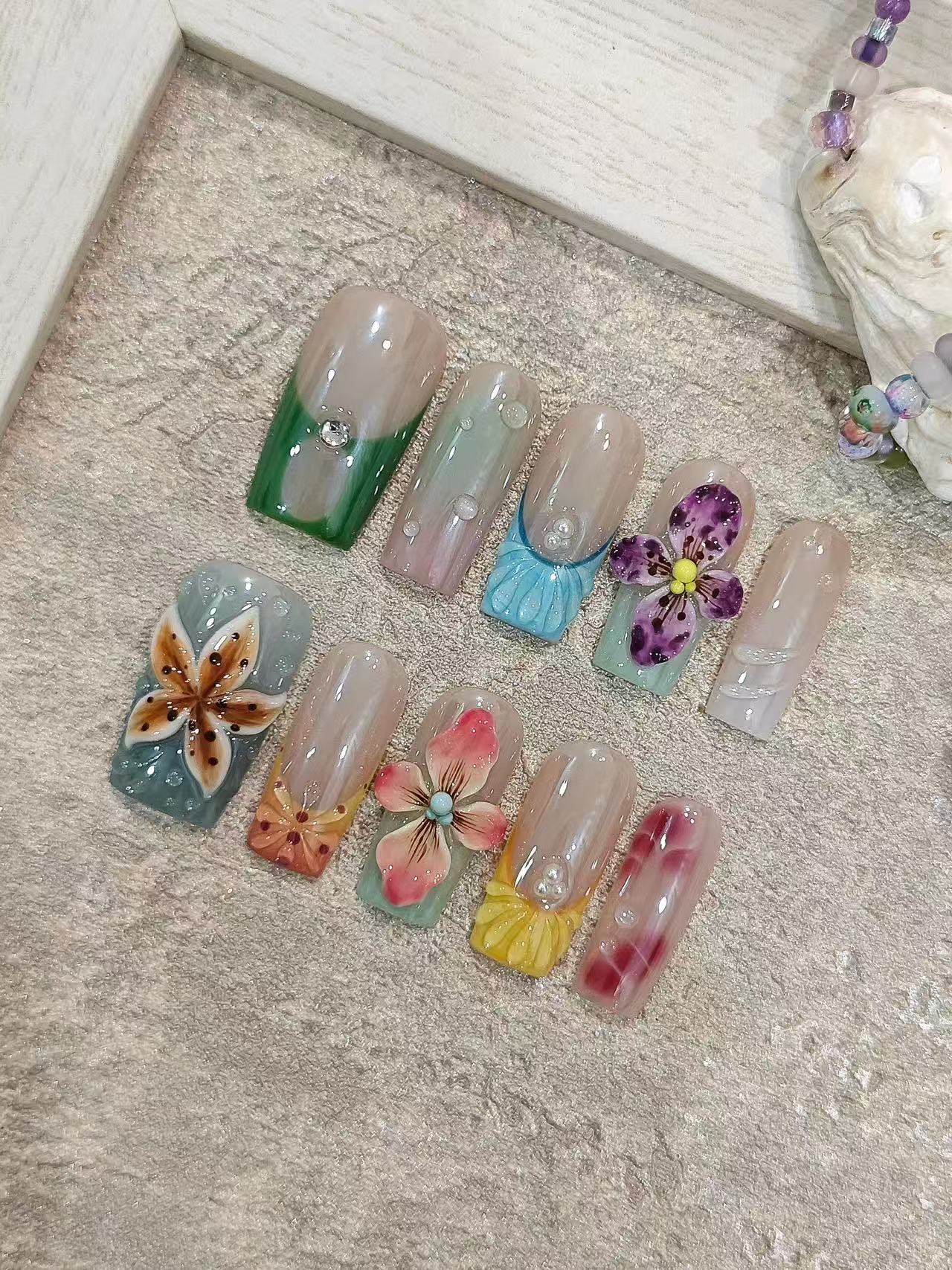 3D Hand Painted Floral Spring Water Drop Square Press On Nails - handmade custom press-on nails detail gallery photo
