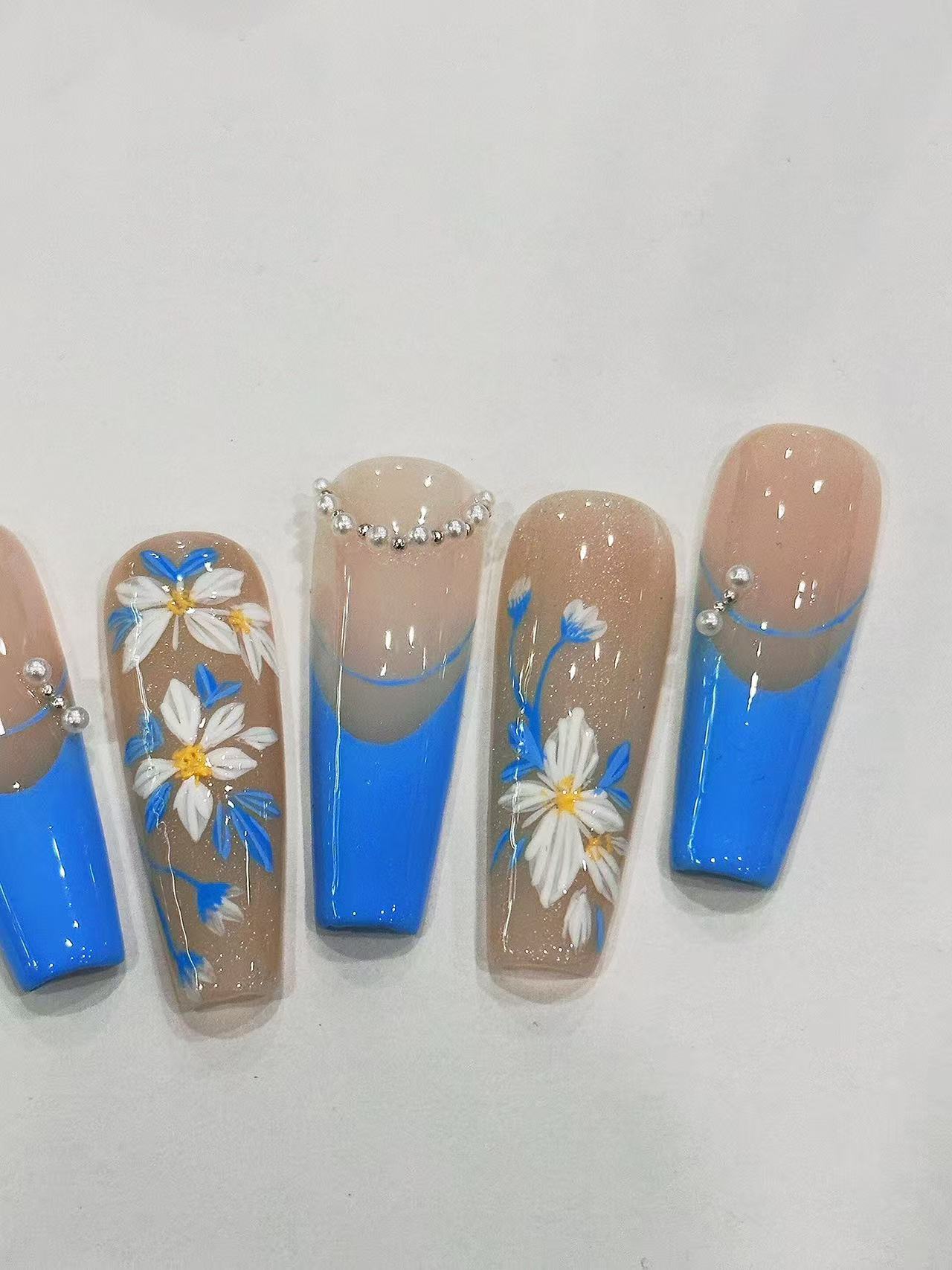 Blue French Daisy Pearl Long Coffin Press On Nails - handmade custom press-on nails detail gallery photo