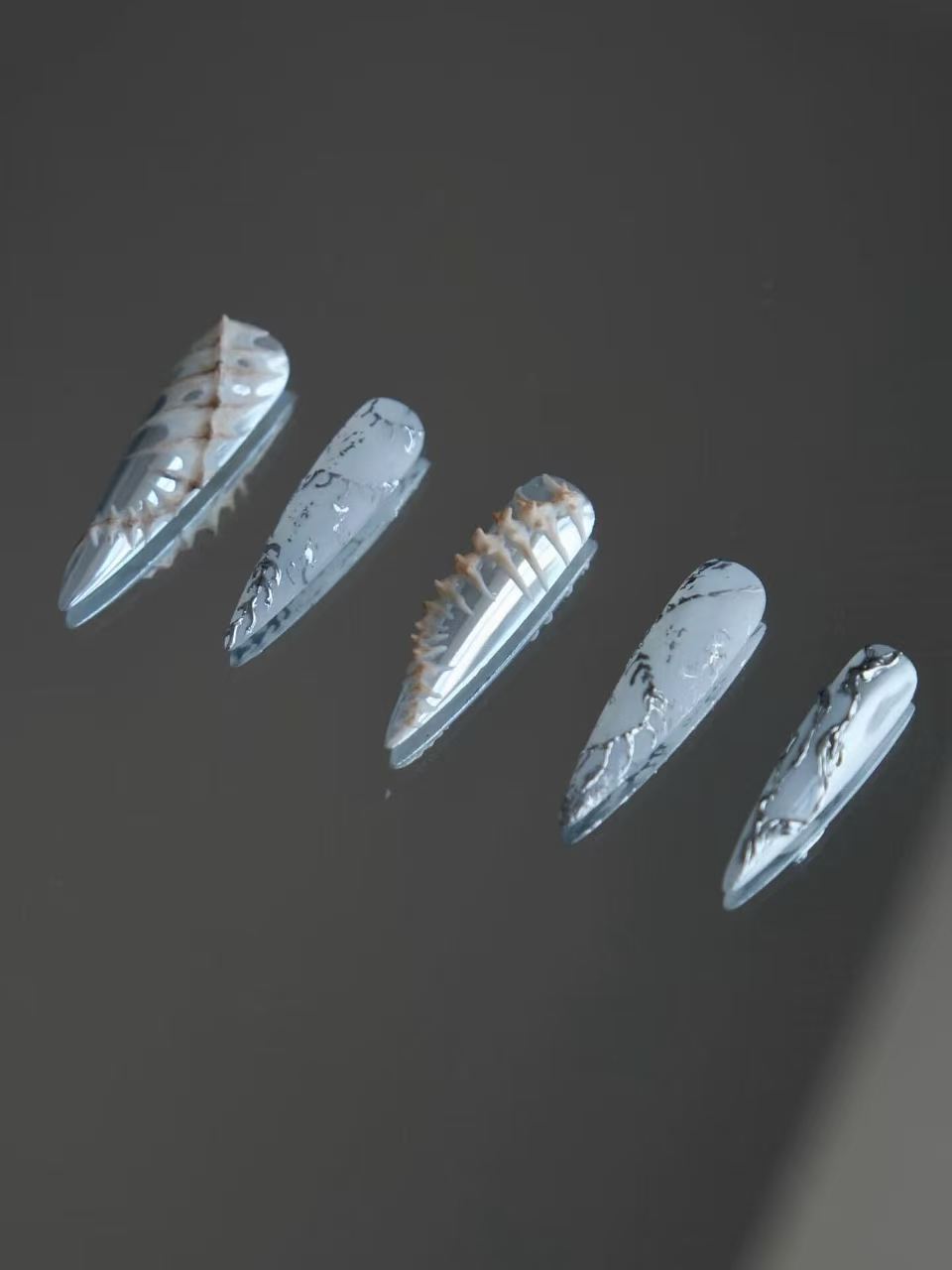 Silver Thorn Skeleton Stiletto Press On Nails - handmade custom press-on nails detail gallery photo