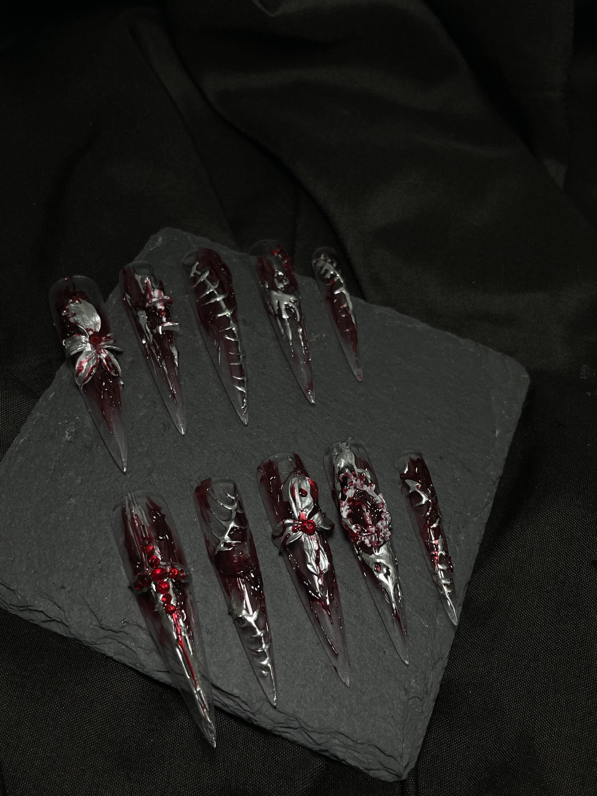 Blood Bone Devouring Flower Gothic Long Stiletto Nails - handmade custom press-on nails detail gallery photo