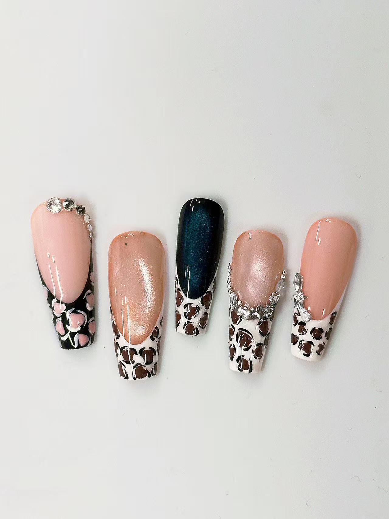 Leopard French Cat Eye Rhinestone Long Coffin Press On Nails - handmade custom press-on nails detail gallery photo