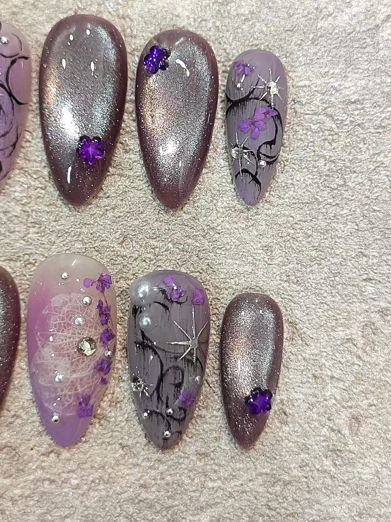 Purple Cat Eye Lace Floral Almond Press On Nails - handmade custom press-on nails detail gallery photo