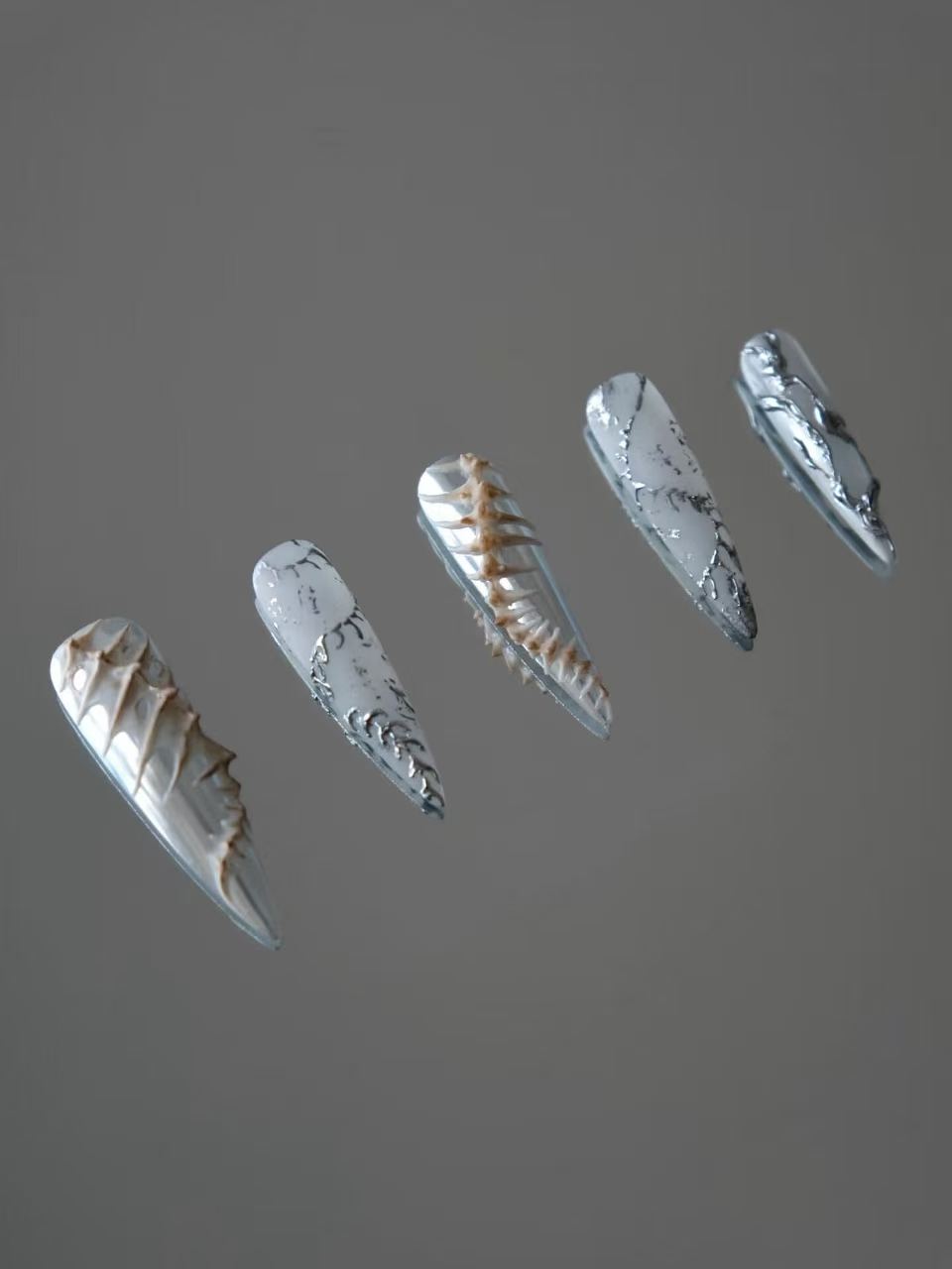Silver Thorn Skeleton Stiletto Press On Nails - handmade custom press-on nails detail gallery photo