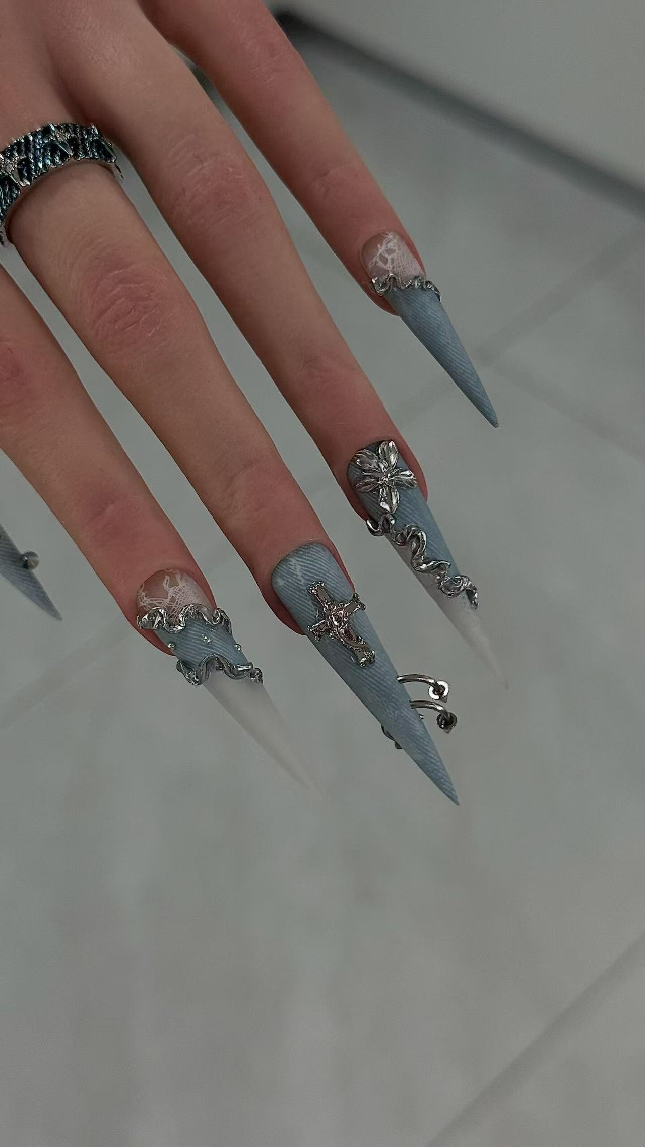 Denim Texture Extra Long Stiletto Press On Nails With Silver Cross Charms - handmade custom press-on nails detail gallery photo