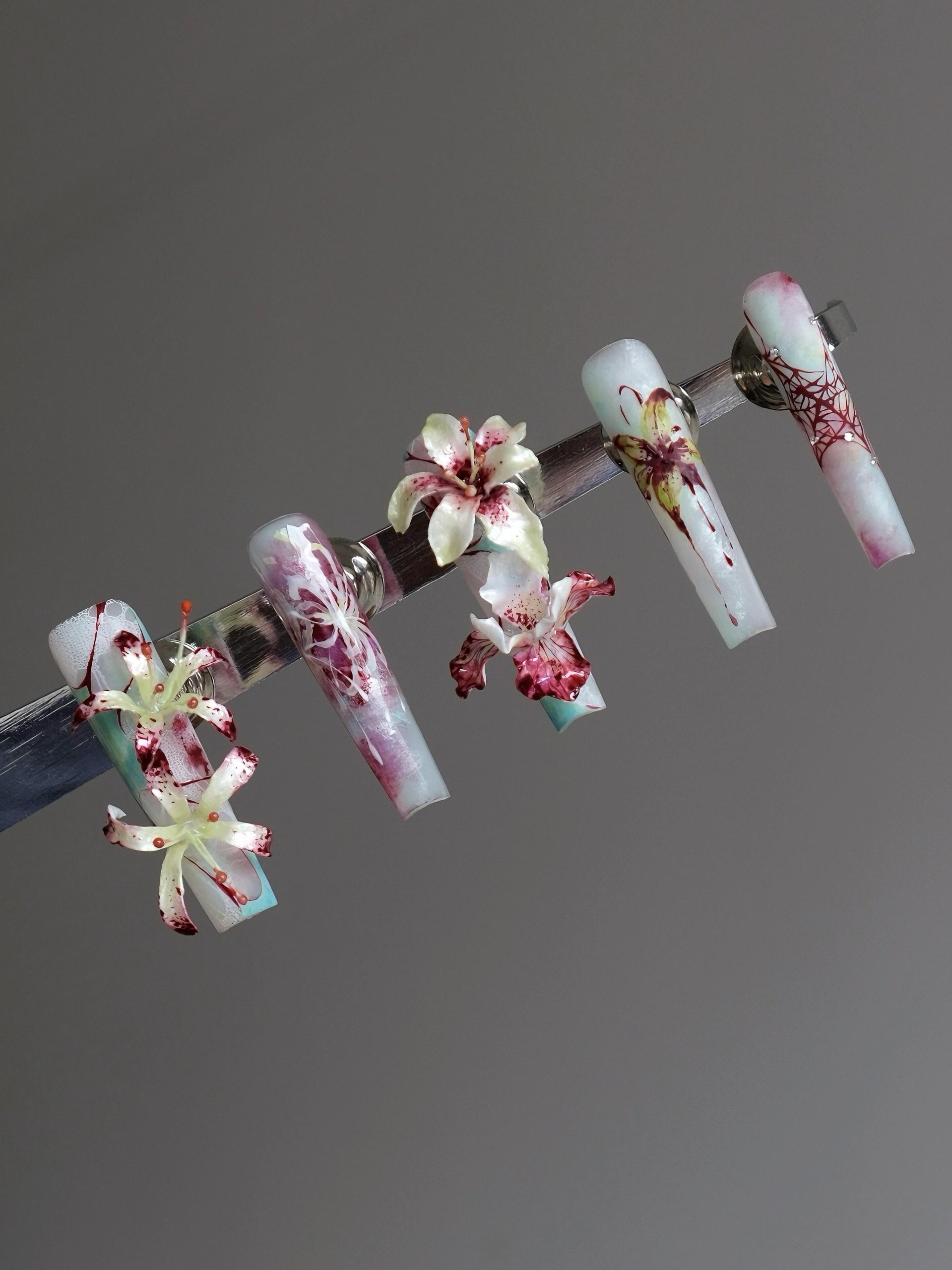 Blood Stain Lily Cobweb Long Coffin Press On Nails - handmade custom press-on nails detail gallery photo
