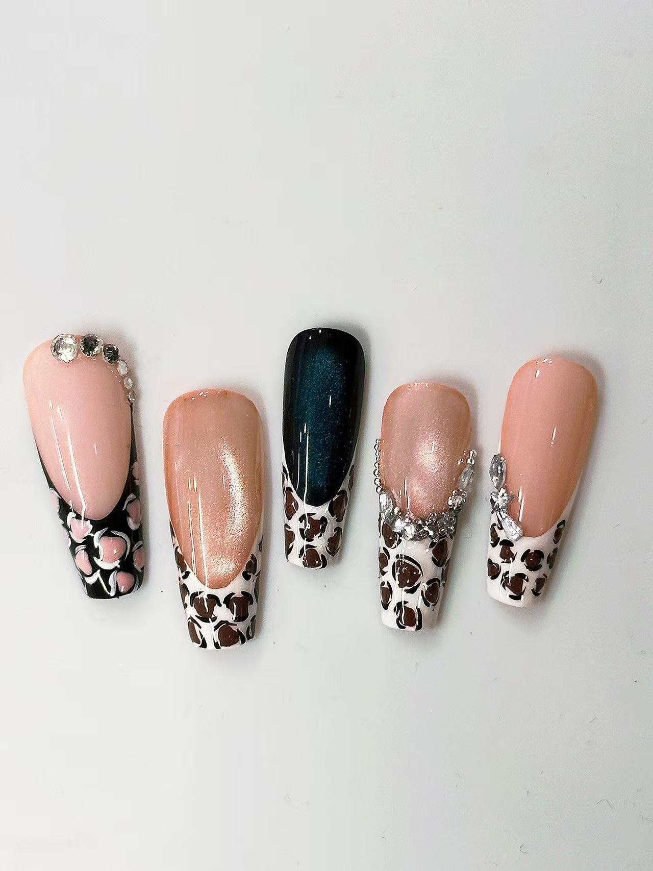 Leopard French Cat Eye Rhinestone Long Coffin Press On Nails - handmade custom press-on nails detail gallery photo