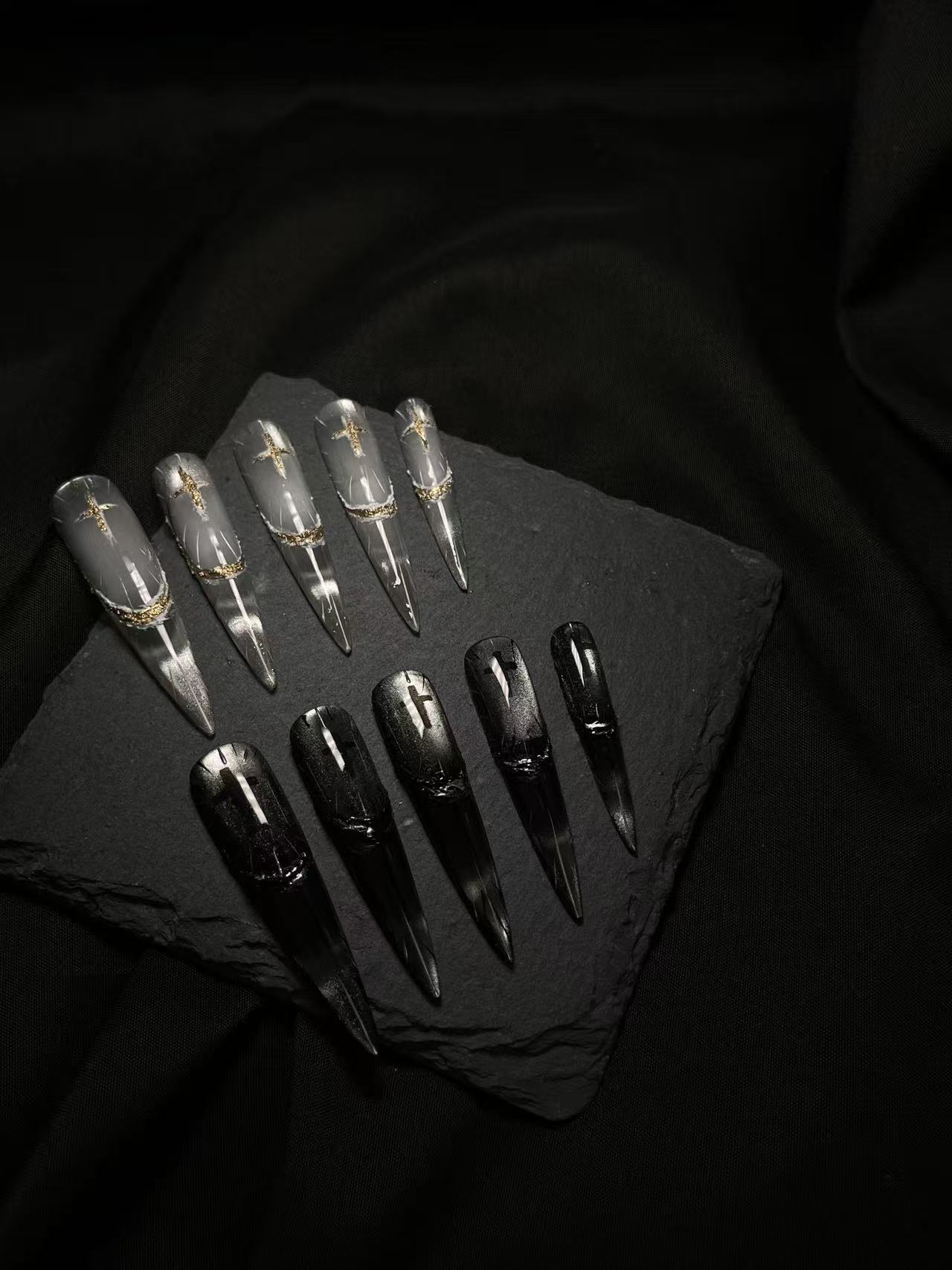 Light and Dark Contrast Cross Aurora Long Stiletto Press On Nails - Image 2