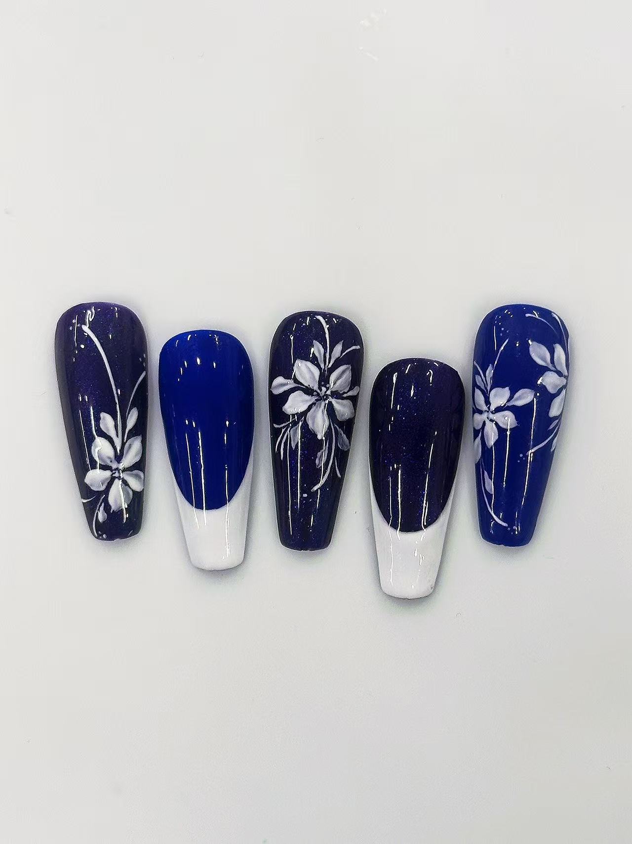 Blue Purple White Floral French Long Coffin Press On Nails - handmade custom press-on nails detail gallery photo