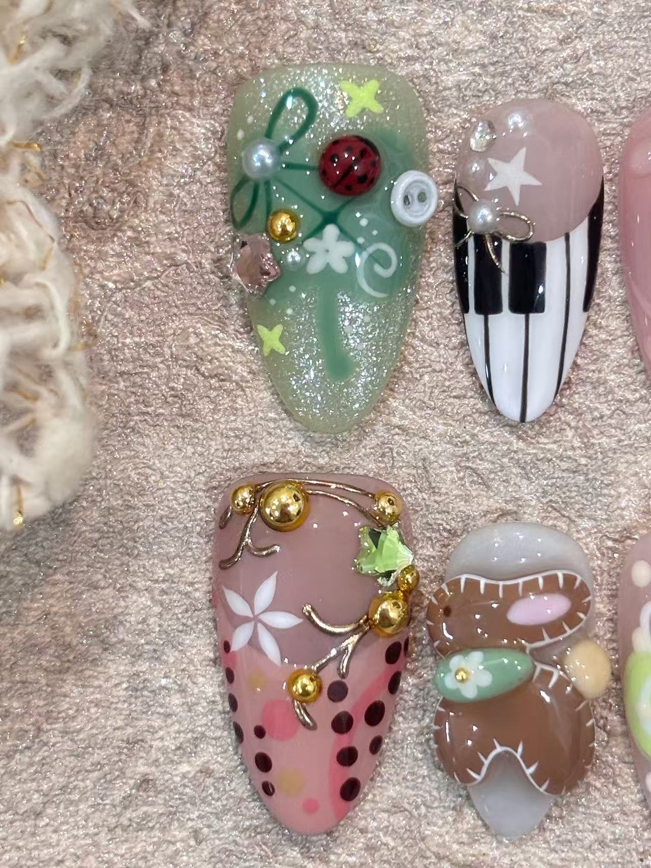 Cute Cartoon Ladybug Bear Apple Almond Press On Nails - handmade custom press-on nails detail gallery photo