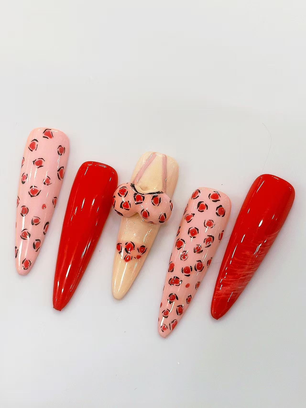 Pink Red Leopard 3D Bikini Long Stiletto Press On Nails - handmade custom press-on nails main product photo
