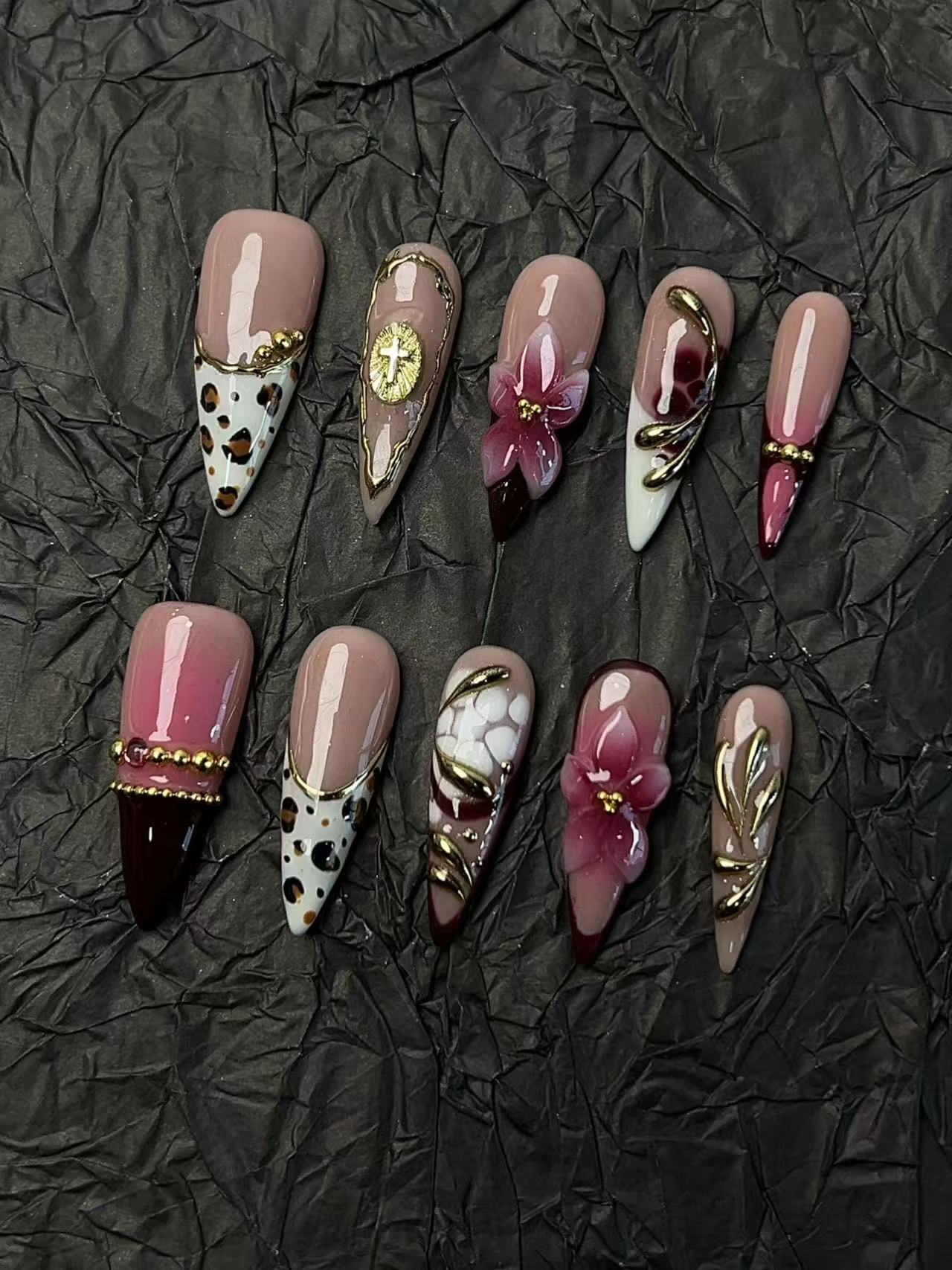 Vintage Leopard‑Print 3D Flower Press‑On Nails - Image 4