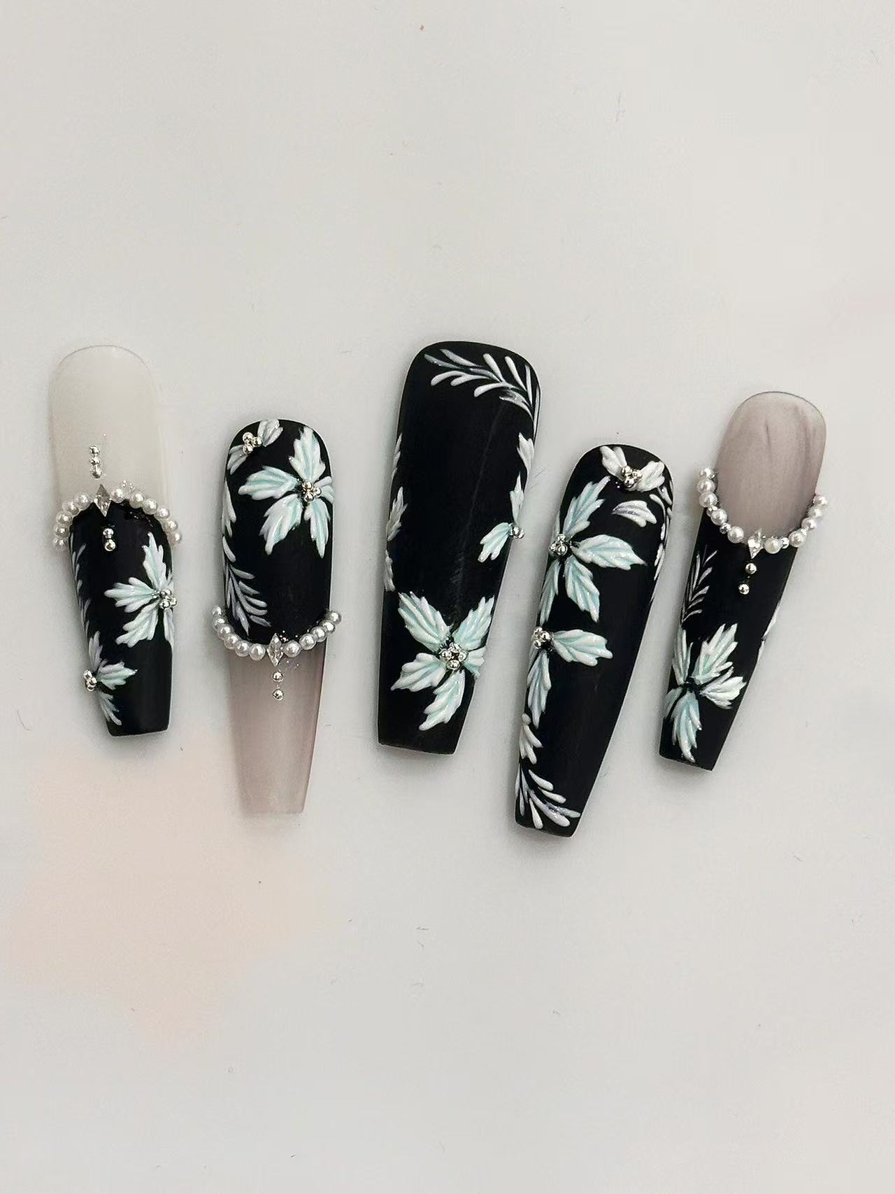 Embroidered Floral Dark Pearl Long Coffin Press On Nails - handmade custom press-on nails detail gallery photo