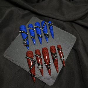 Blue Red Tiger Stripe Rivet Gothic Long Stiletto Press On Nails - handmade custom press-on nails main product photo
