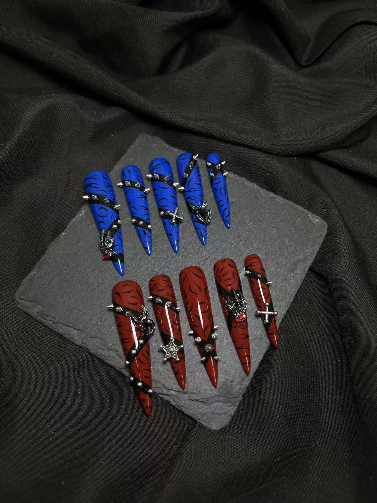 Blue Red Tiger Stripe Rivet Gothic Long Stiletto Press On Nails - handmade custom press-on nails main product photo