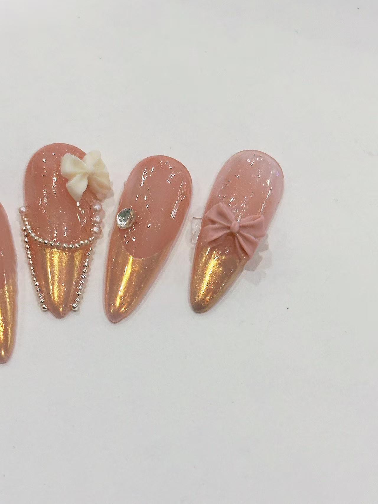 Pink Gold French Bow Pearl Long Almond Press On Nails - handmade custom press-on nails detail gallery photo