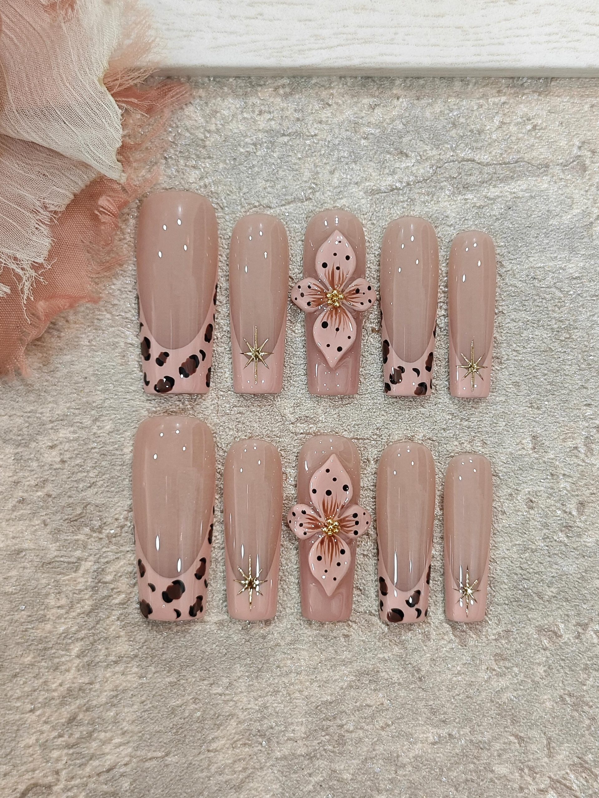 Nude Tea Leopard French 3D Flower Long Square Nails - handmade custom press-on nails detail gallery photo