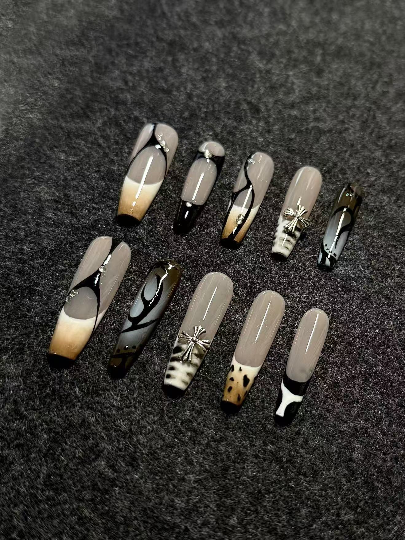 Coffee Leopard Print Long Coffin Custom Press On Nails - handmade custom press-on nails detail gallery photo