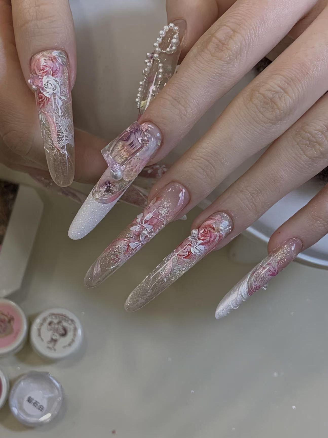Garden of Eden Heavy-Duty Rose Long Stiletto Nails - handmade custom press-on nails detail gallery photo