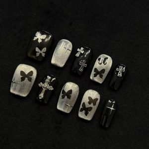 Black Silver Glitter Butterfly Cross Medium Coffin Press On Nails