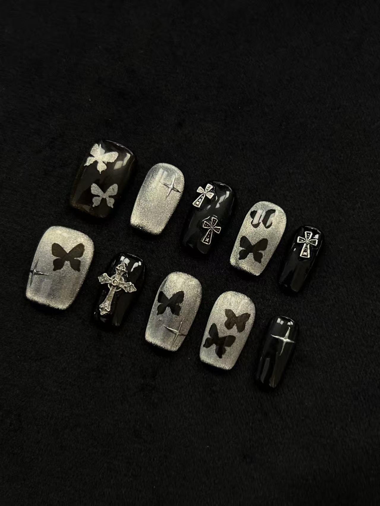 Black Silver Glitter Butterfly Cross Medium Coffin Press On Nails