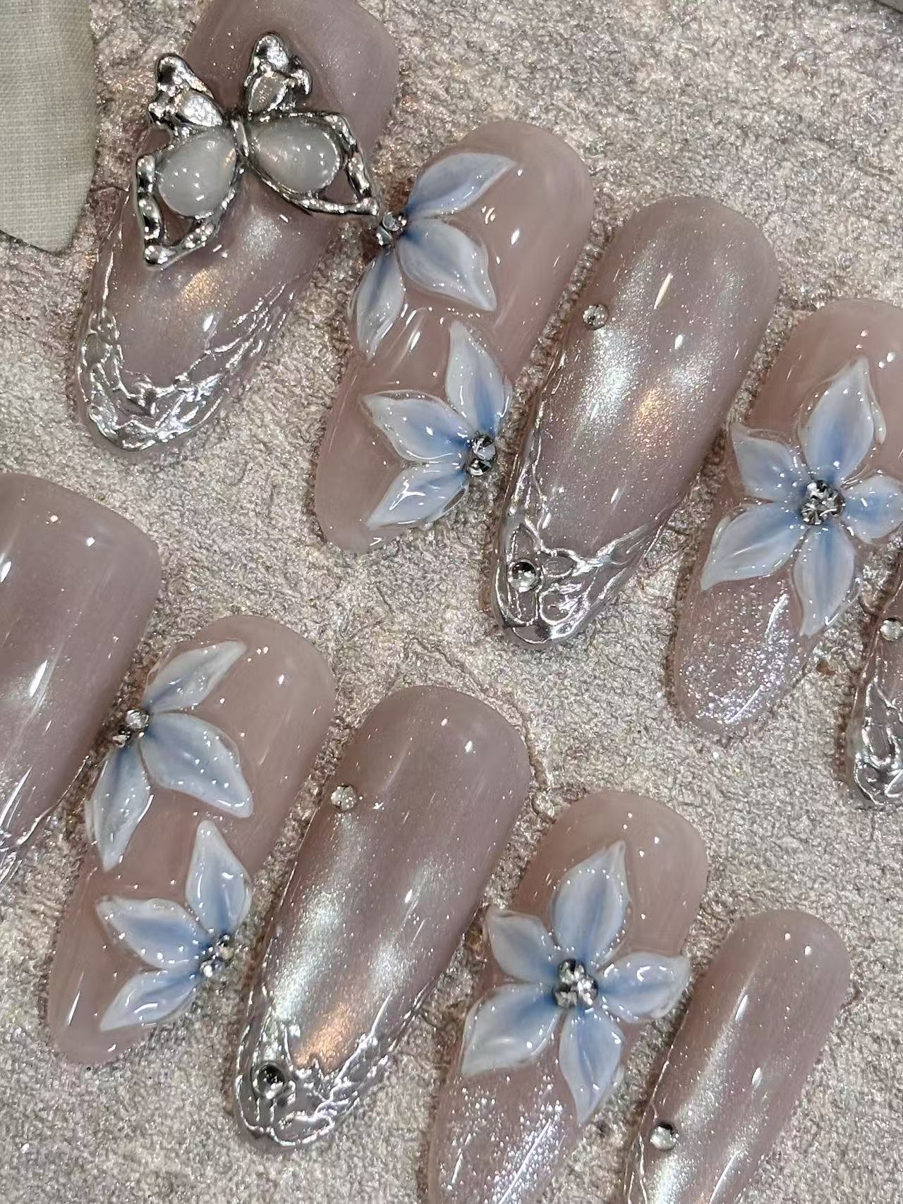 Nude Shimmer 3D Blue Flower Silver Lace Almond Press On Nails - handmade custom press-on nails detail gallery photo