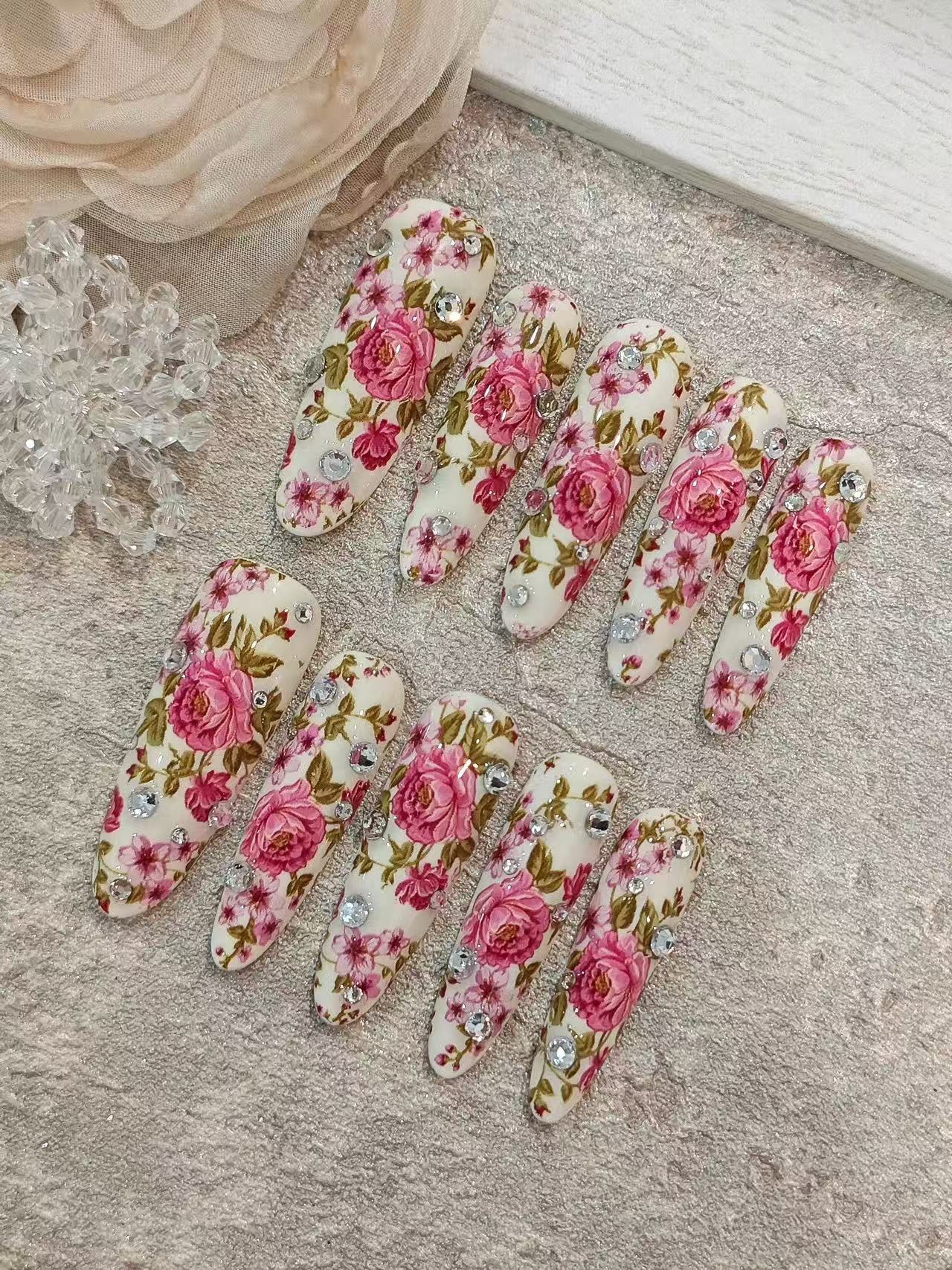 Vintage Pink Rose Rhinestone Long Almond Press On Nails - handmade custom press-on nails detail gallery photo
